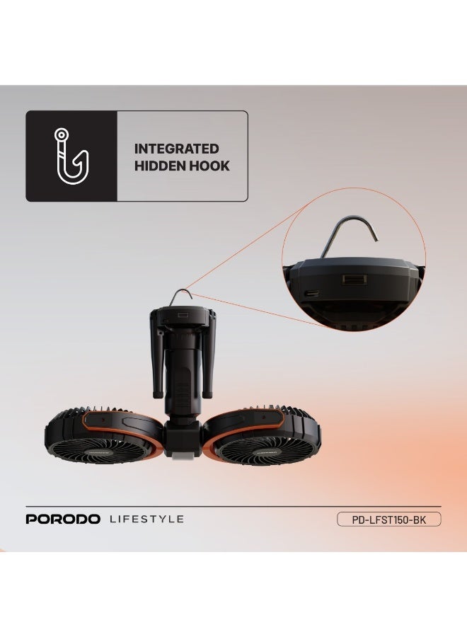 porodo Dual Head Oscillating Fan With Tripod Base / 2-Level LED Lights / 8000mAh Power Bank / 15W Fan Power / USB-C Charging Port Lightweight / Compact Design / 360° Multifunctional Adjustable Fan- Black - Image 3